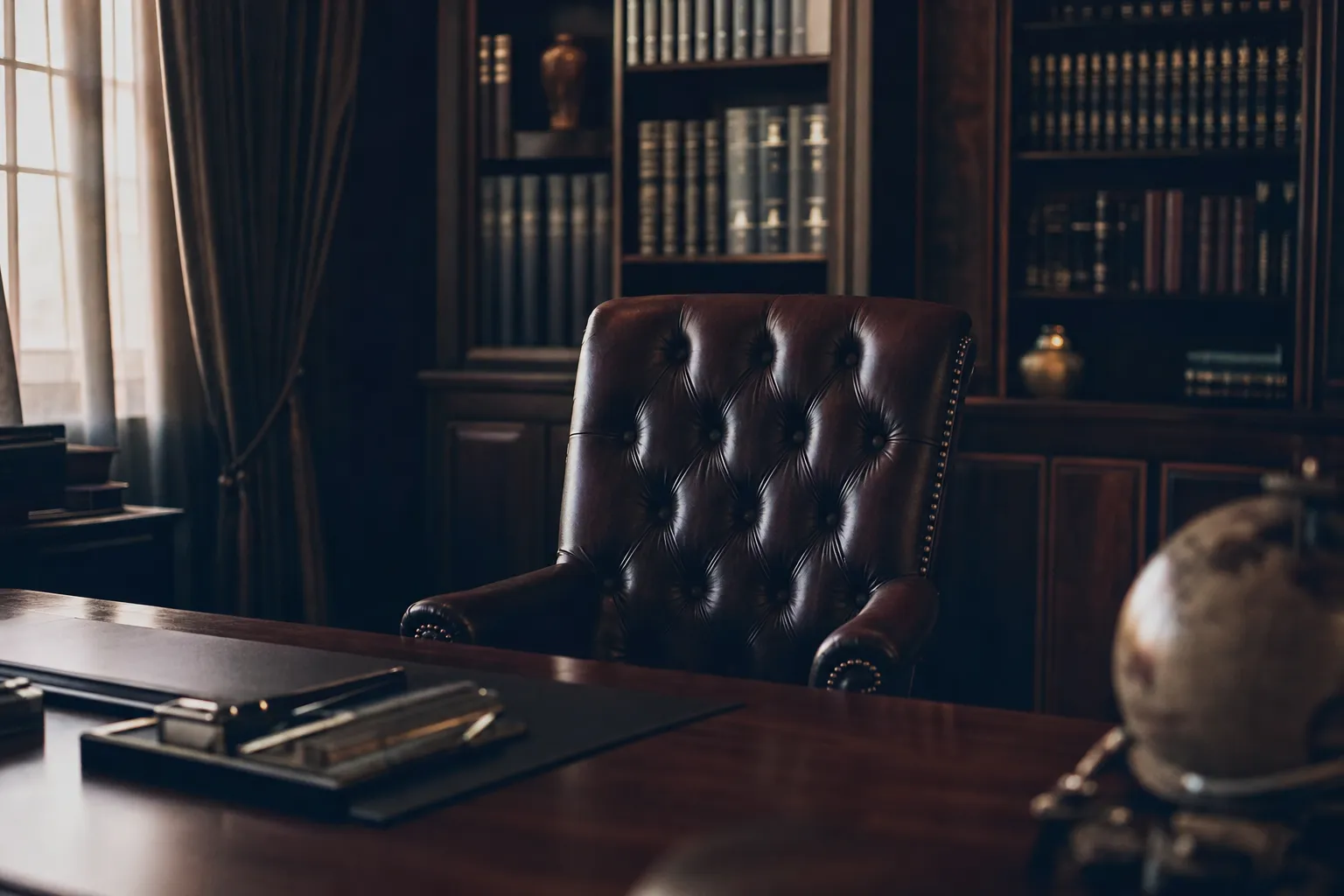 A wood-paneled office with a leather chair and walnut desk, the working environment of a surety specialist