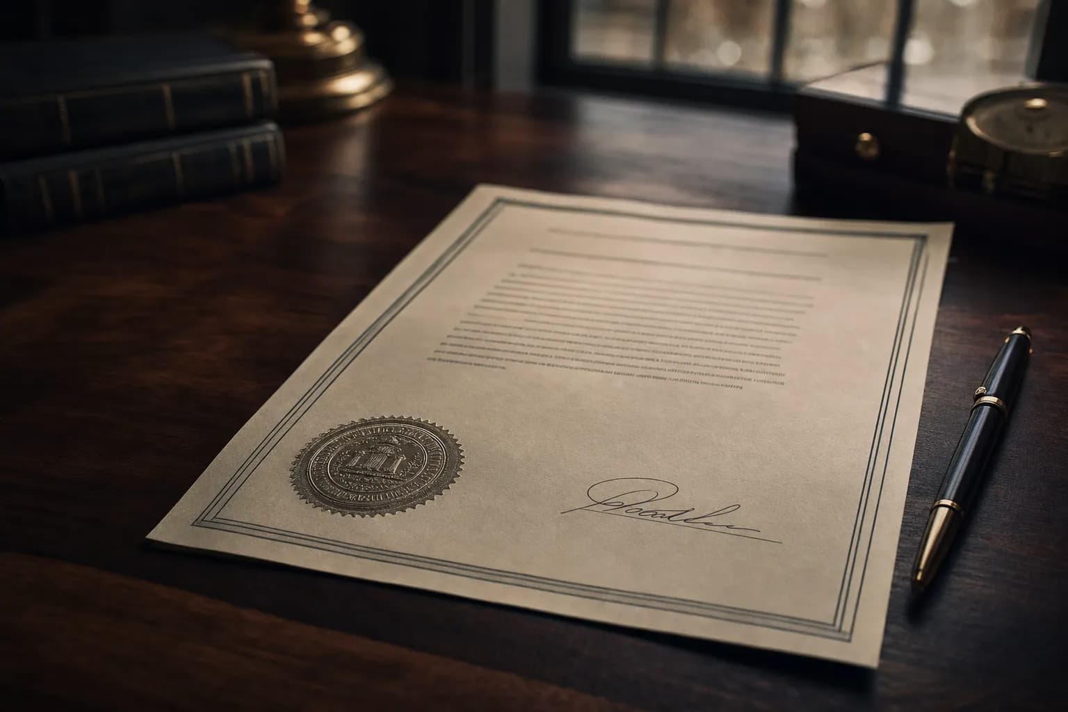 Signed court administration bond document with an official seal on a walnut desk