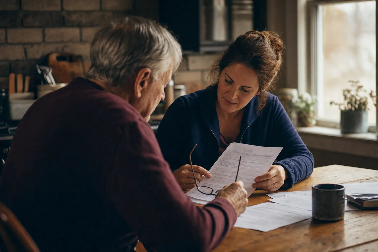An adult child helping an aging parent with financial paperwork at a kitchen table