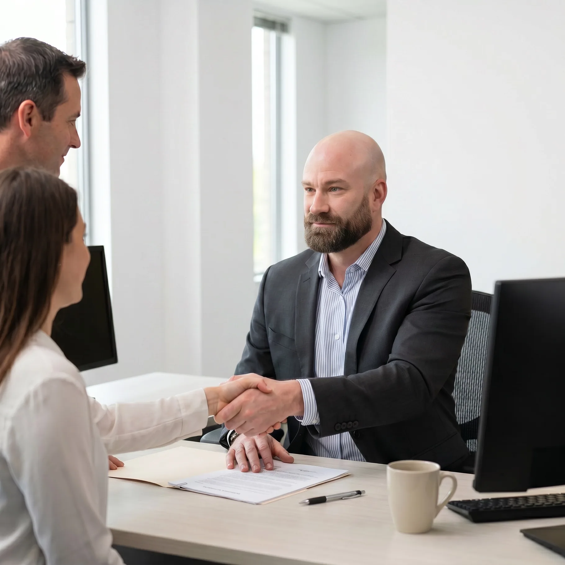Estate bond specialist shaking hands with a client after approving a probate surety bond
