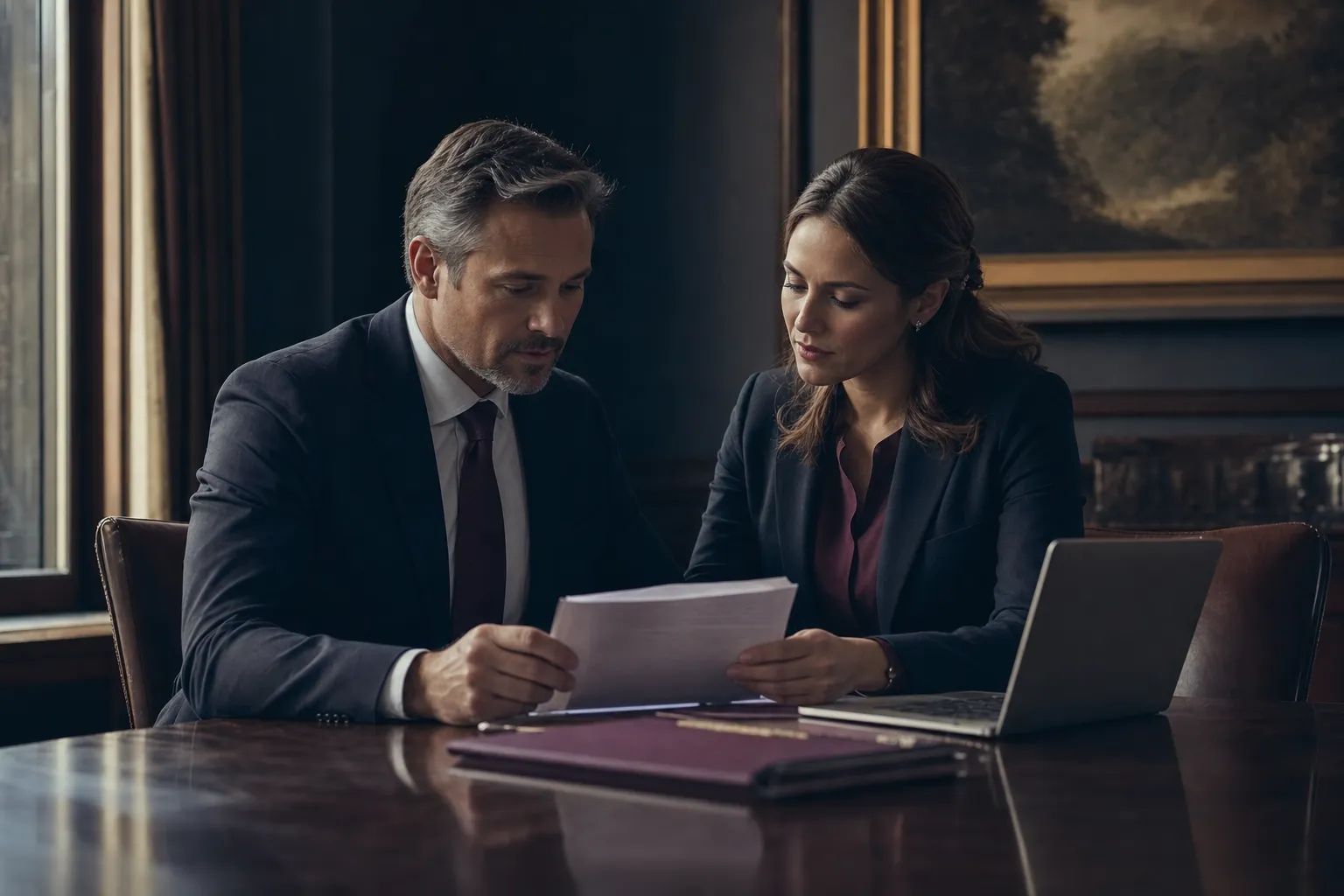 An estate lawyer and a bonding specialist reviewing a client file together