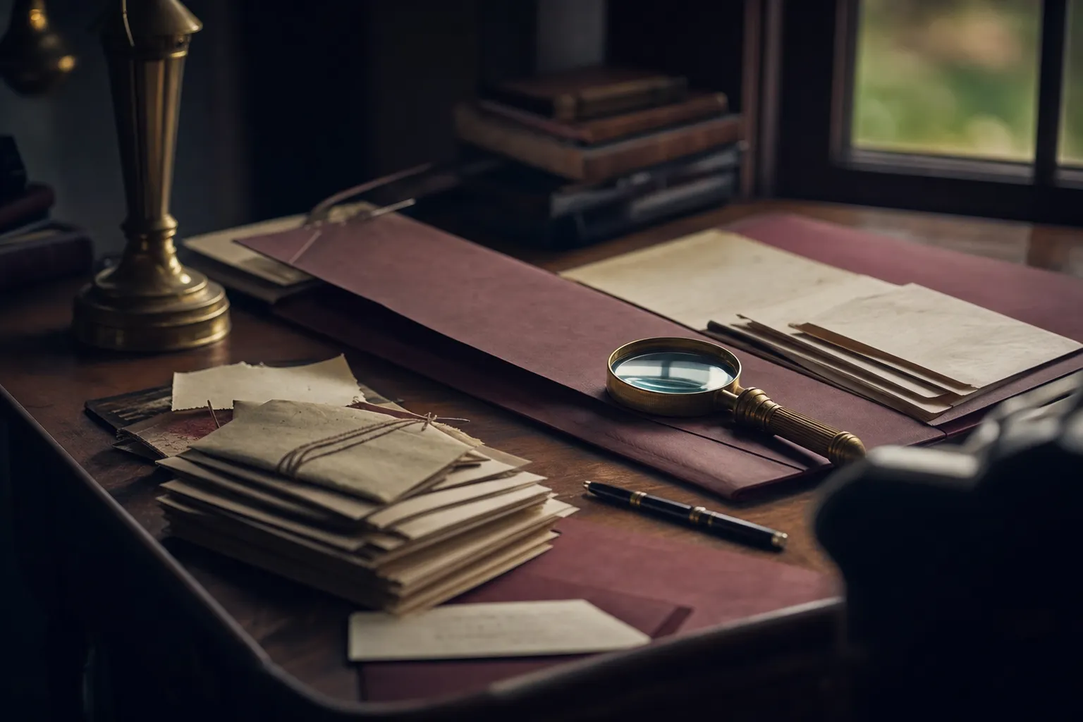 An estate file, magnifying glass, and correspondence on a desk, suggesting a search for a missing heir