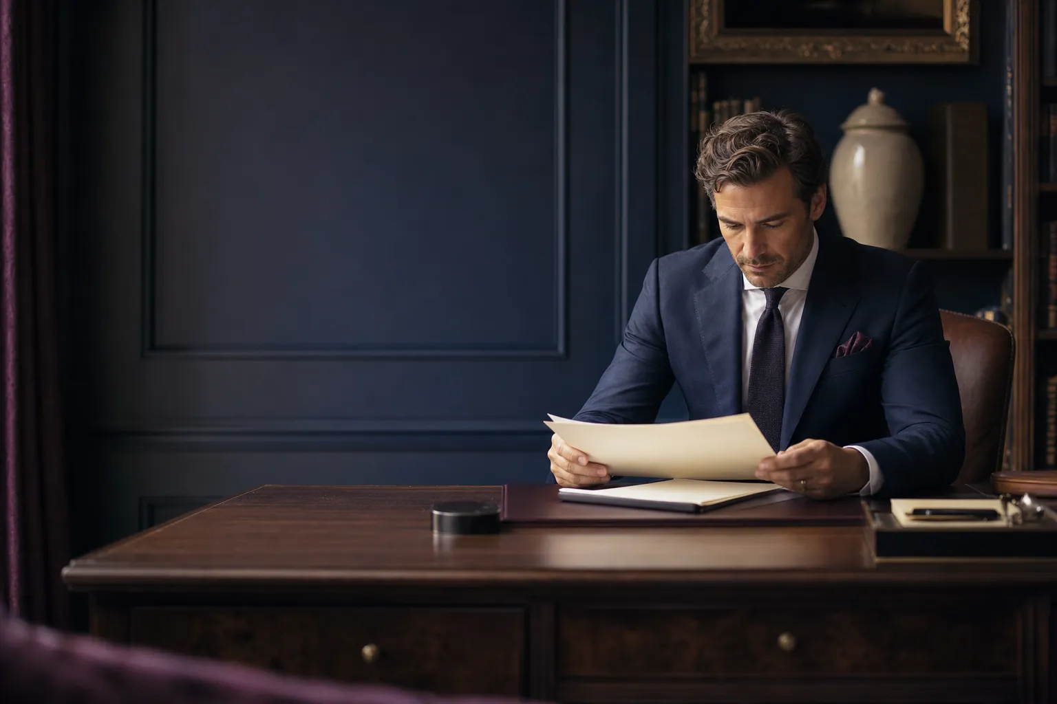 A professional reviewing an estate document at a walnut desk
