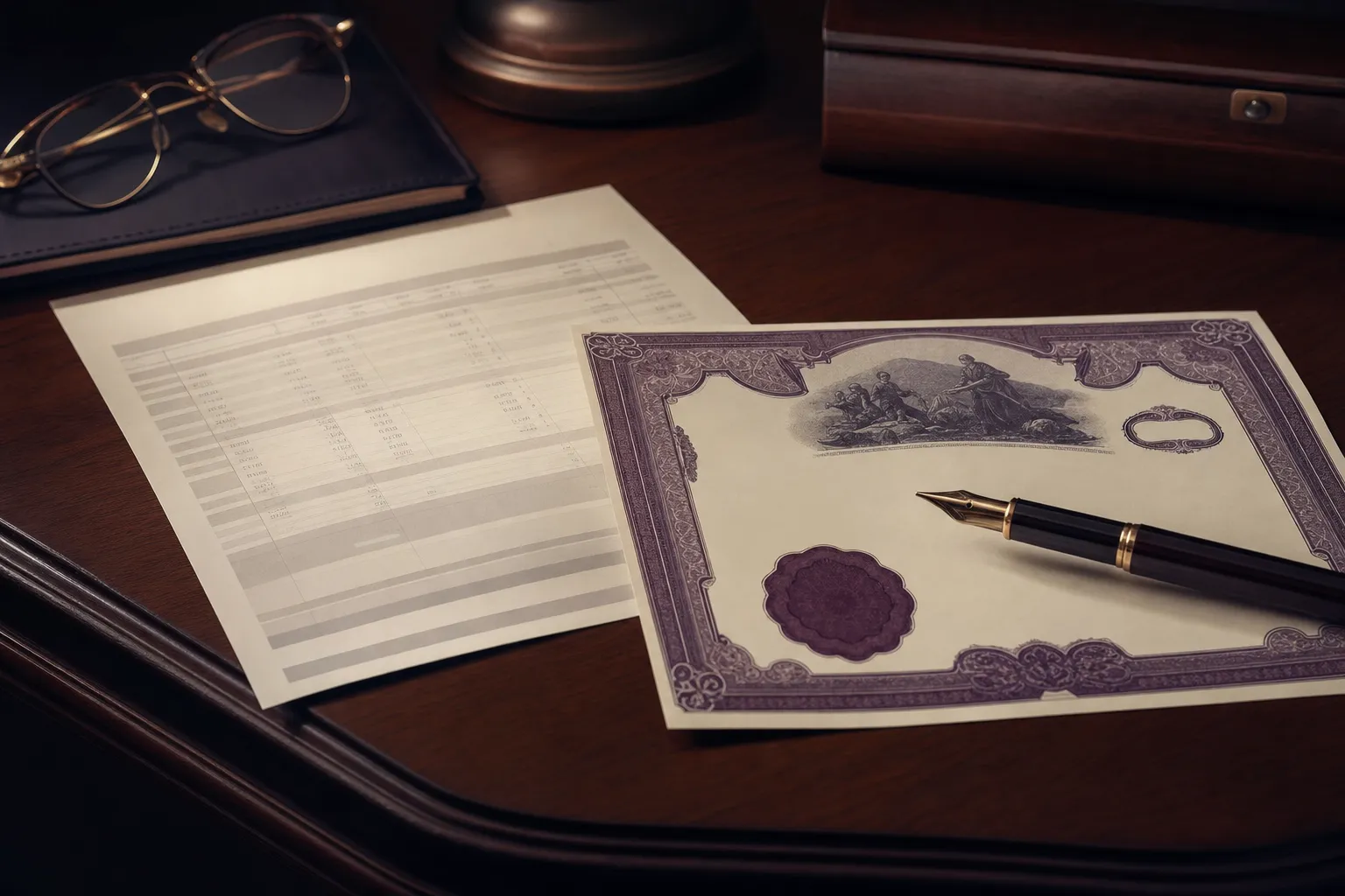 A bank statement and share certificate on a desk with a pen, assets released under a waiver of probate bond